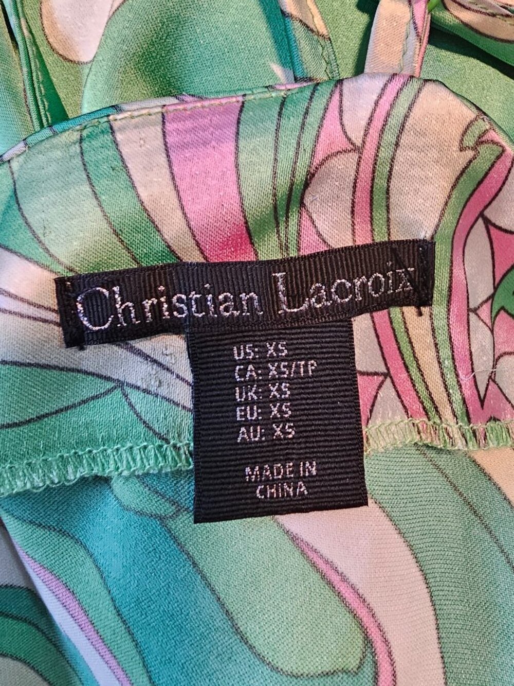 Christian Lacroix Green & Pink Paisley Print Satin Cut‑Out Midi Dress, Size XS - Picture 5 of 7